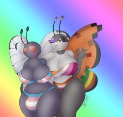 1female 1futa antennae anthro big_breasts bikini blush breasts bulge butterfly butterfree cleavage eyes female female/female futanari gazaster lesbian_pride_colors lowres one_eye_closed peace_sign pokémon_(species) pokemon pride pride_colors rainbow_background thick_thighs tongue tongue_out transgender_pride_colors v video_games vivillon voluptuous wings