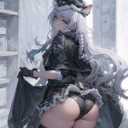 1girls ai_generated animal_ears arknights ass black_panties cat_ears catgirl female female_only grey_eyes long_hair looking_back pramanix_(arknights) solo solo_female torso white_hair