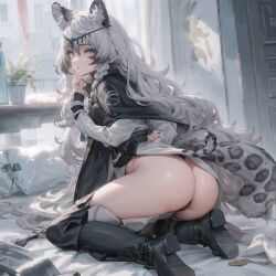 1girls ai_generated animal_ears arknights ass ass ass_focus black_panties cat_ears cat_tail catgirl female female_only grey_eyes knee_boots leopard_print long_hair panties pramanix_(arknights) solo solo_female white_hair