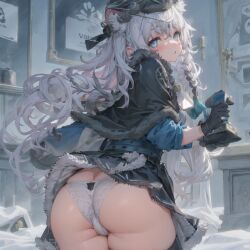 1girls ai_generated animal_ears arknights ass ass_focus cat_ears catgirl female female_only grey_eyes long_hair looking_back panties pramanix_(arknights) solo solo_female under_skirt white_hair white_panties