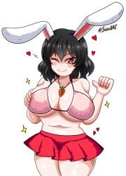 1girls big_breasts big_thighs bikini_top black_hair bunny_ears bunny_girl cleavage heart light-skinned_female necklace red_eyes seireiart skirt solo solo_female tewi_inaba thick_thighs thighs thumbs_up touhou watermark white_background wink