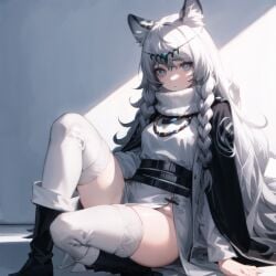 1girls ai_generated animal_ears arknights cat_ears catgirl female female_only grey_eyes long_hair pelvic_curtain pramanix_(arknights) solo solo_female thick_thighs torso white_hair