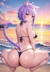 1girls ai_generated ass beach bikini breasts cat_ears catgirl dat_ass female hi_res hololive huge_ass large_breasts mogumachine nekomata_okayu outdoors purple_eyes purple_hair short_hair stable_diffusion tail virtual_youtuber