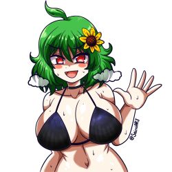 1girls :d ahoge big_breasts bikini_top cleavage green_hair huge_breasts light-skinned_female mature_female open_mouth red_eyes seireiart sideboob solo solo_female steam sweat sweaty_body touhou watermark waving white_background yuka_kazami