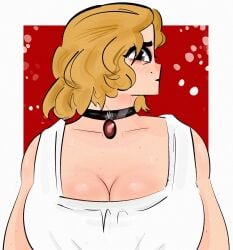 1girls big_breasts blonde_hair breasts breasts choker chubby_female clothed digital_media_(artwork) karen_jones large_breasts red_dead_redemption_(series) red_dead_redemption_2 shellzzz solo sweat sweating tagme