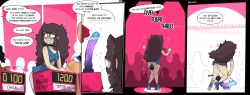 1girls 2023 anal ass blush bottomless brown_hair buckteeth comic dialogue dildo dildo_in_ass english_text female female_focus female_only funny game_show gats glasses heel_boots heels light_skin long_hair original original_character peace_sign pussy_juice sex_toy sweat text tottie_(gats)