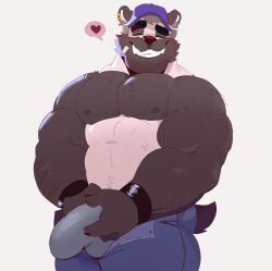 2023 abs anthro barazoku baseball_cap bear beard biceps big_muscles black_and_white_fur blush bottomwear bulge clothed clothing detailed_bulge erection erection_under_clothing facial_hair genital_outline giant_panda grey_hair hair hat headgear headwear heart hi_res holding_crotch male male_only mammal mature_male mrpandhew muscular muscular_male open_bottomwear open_clothing open_pants pandhew pants pecs penis_outline pinup portrait pose simple_background smile solo tenting three-quarter_portrait topless white_background