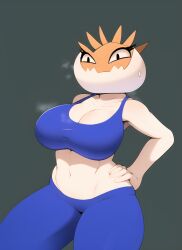 1girls after_workout ai_generated anthro anthrofied big_breasts blue_bra blue_pants breasts clothing crab creature creatures_(company) crustacean curvy eyelashes female female_only hand_on_hip huge_breasts humanoid kingler nai_diffusion orange_skin pokémon_(species) pokemon shell sports_bra stable_diffusion sweat sweatdrop sweating thick thick_thighs white_skin wide_hips workout workout_clothes