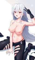 arknights breasts looking_at_viewer navel nipples open_mouth pants peace_sign red_eyes sauvignon skadi_(arknights) topless white_hair