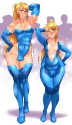 2boys abs abs_visible_through_clothing ambush_(trap) armpits athletic biceps blonde_hair blue_bodysuit blue_elbow_gloves blue_eyes blue_thighhighs blue_thong_leotard bodysuit breasts bulge cleavage cosplay crossdressing crossdressing_male crossplay elbow_gloves eyelashes eyeliner femboy flat_chest genderswap_(ftm) girly gloves hand_behind_head hand_on_hip height_difference hi_res latex leotard lingerie lipstick long_gloves long_hair low_cut_top makeup male male_focus male_only manboobs metroid muscular muscular_arms muscular_femboy penis penis_bulge ponytail posing rule_63 samus_aran short_male slightly_chubby small_breasts smile standing stockings suiren_ciao tall_male thighhighs thong_leotard trap very_long_hair wide_hips zero_suit zero_suit_samus zipper