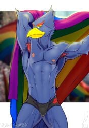 abs anthro armpit_hair avian bird black_clothing black_underwear body_hair clothing falco_lombardi flag hi_res invalid_tag iudicium86 lgbt_pride male male_only nintendo nipples pride_colors public rainbow_pride_colors solo star_fox underwear