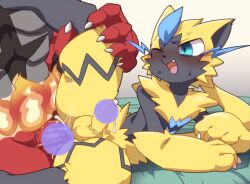 abs anal anal_sex anthro ballerina_position balls bedding bedding_background big_penis blush bodily_fluids censored censored_genitalia censored_penis claws cum cum_in_ass cum_inside duo erection fangs fur gay generation_7_pokemon genital_fluids genitals grey_body grey_fur harusuke incineroar ineffective_censorship larger_anthro larger_male leaking_anus leaking_cum leaking_penis leg_grab legendary_pokemon looking_at_another looking_pleasured male male/male muscular muscular_anthro muscular_male nintendo one_eye_closed penetration penile penile_penetration penis penis_in_ass pokemon pokemon_(species) raised_leg red_body red_fur size_difference smaller_anthro smaller_male smile striped_body striped_fur stripes sweat teeth translucent vein veiny_penis yellow_body yellow_fur zeraora