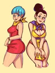 2d 2girls 2milfs big_breasts black_hair blue_hair blush bulma_briefs chichi chichi_(majin_buu_saga) cleavage cleavage_cutout dragon_ball dragon_ball_super dragon_ball_z female fkiller full_color fully_clothed light-skinned_female light_skin mature_female milf milfs mother multiple_girls no_penetration thick_thighs