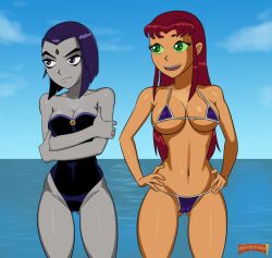 2girls alien alien_girl alternate_version_available awesomeartist beach big_breasts bikini breasts cleavage dc dc_comics edit female female_only green_eyes grey_skin gunsmoke4's long_hair long_hair_female micro_bikini multiple_girls ocean one-piece_swimsuit purple_eyes purple_hair rachel_roth raven_(dc) red_hair revealing_clothes sea starfire summer sunsetriders7 swimsuit teen_titans