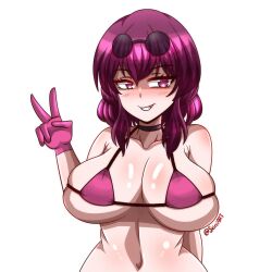 1girls big_breasts blush cleavage glasses glasses_on_head gloves honkai:_star_rail hoyoverse huge_breasts kafka_(honkai:_star_rail) light-skinned_female magenta_hair micro_bikini peace_sign pink_eyes seireiart solo solo_female teeth watermark white_background