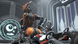 1boy 1girls 3d_(artwork) ac_3_0_wisp anus ass breasts dominant_female erection facesitting huge_breasts large_ass large_breasts large_penis nezha_(warframe) penis puffy_anus straight tail thick_thighs thighs vagina valkyr_(warframe) warframe