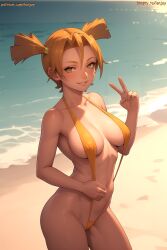 ai_generated alisa_(everlasting_summer) alisa_dvachevskaya beach everlasting_summer lenjoy orange_eyes orange_hair short_hair sling_bikini slingshot_swimsuit twintails watermark