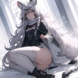 1girls ai_generated animal_ears arknights ass ass_peek black_boots boots cat_ears catgirl female female_only grey_eyes large_ears long_hair pramanix_(arknights) solo solo_female thick_thighs white_hair