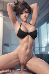 ai_generated ai_hands armpits arms_behind_head black_bra bra breasts brown_eyes brown_hair cowgirl_position detailed female female_on_top high_quality highres indoors large_breasts nsfw overwatch pussy realistic seductive seductive_look sex stable_diffusion straddling synthpixel tracer vaginal_penetration vaginal_penetration vaginal_sex