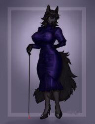 2021 anthro arctikah_(artist) big_breasts biped black_hair black_heels black_lips breasts bulge canid canine canis clothed clothing digital_media_(artwork) dress full-length_portrait fully_clothed fully_sheathed genital_outline gherwinh_riel gynomorph hair hand_behind_back hi_res intersex jackal lips mammal nipple_outline portrait purple_clothing purple_dress purple_eyes sheath sheath_outline smile solo tight_clothing year