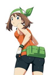 ass bandana bike_shorts black_shorts blue_eyes breasts brown_hair creatures_(company) fanny_pack female from_behind game_freak gloves green_bandana highres looking_at_viewer looking_back may_(pokemon) may_(pokemon_emerald) nintendo orange_shirt pokemon pokemon_(game) pokemon_dppt pokemon_platinum shirt shorts simple_background sleeveless sleeveless_shirt small_breasts solo suitenan tank_top white_background