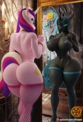 1girls 3d_(artwork) anthro anthrofied arthropod ass barely_visible_genitalia barely_visible_pussy big_breasts big_butt breasts changeling clothing digital_media_(artwork) equid equine female fishnet fishnet_legwear friendship_is_magic genitals hasbro hi_res horn legwear mammal mirror my_little_pony nipples princess_cadance_(mlp) pussy queen queen_chrysalis_(mlp) royalty seductive sfrogue solo thick_thighs transformation unicorn