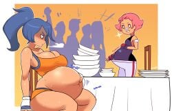 2girls battle_girl_(pokemon) belly big_belly big_breasts bloated bloated_belly blue_hair border bowl breasts chair cleavage dwps eating_contest empty_bowls empty_plates fat female gradient_background hi_res maylene_(pokemon) npc_trainer orange_background overeating pink_hair plate pokemon shauna_(hoenn) sitting stuffed_belly stuffing sweat