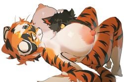 aak_(arknights) anthro arknights black_body black_fur breasts domestic_cat duo eyewear eyewear_only felid feline felis female fur hypergryph male mammal nipples nude orange_body orange_fur pantherine simple_background size_difference smaller_male striped_body striped_fur stripes studio_montagne tail tiger utterangle waai_fu_(arknights)