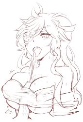 1boy 1girls boobjob cleavage clothed_female cum cum_in_mouth cumshot cumshot_in_mouth cygames dragalia_lost dragalialust eyepatch female heart-shaped_pupils karina_(dragalia_lost) large_breasts nintendo open_mouth paizuri penis penis_between_breasts pirate sketch