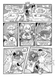 1futa 2girls absurdres animal_ears anthro anthro_on_humanoid ass bed bikini blush breasts cat_ears cheetah_ears cheetah_girl cheetah_tail cleavage comic female futa_on_female futanari haibuchi_ena highres humanoid hyena_ears hyena_girl indoors killing_bites large_breasts maid_headdress monochrome monster_girl multiple_girls nakanishi_eruza navel nipples on_bed pussy pussy_juice rabarsel sex swimsuit tongue tongue_out vaginal_penetration