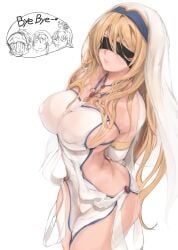 armwear bandage big_ass big_breasts big_butt blonde_female blonde_hair blonde_hair_female clothed clothed_female clothes covered_eyes curves curvy curvy_body curvy_female english_text eyewear gloves goblin_slayer hair_between_eyes light-skinned_female light_skin lips long_hair mamimi_(artist) mamimi_(mamamimi) nipples_visible_through_clothing sword_maiden_(goblin_slayer) thick thick_ass thick_legs thighs transparent_clothing very_long_hair white_background white_clothing