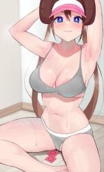 1girls areola_slip arms_up athletic_female condom_wrapper female fumes gatchan large_breasts pokemon pokemon_bw2 pussy_peek rosa_(pokemon) slender_waist smile solo sports_bra sweaty sweaty_armpits sweaty_body sweaty_thighs very_sweaty