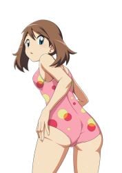 ass blue_eyes breasts brown_hair creatures_(company) from_behind game_freak highres looking_at_viewer may_(pokemon) medium_hair nintendo one-piece_swimsuit open_mouth pink_one-piece_swimsuit pokemon pokemon_(anime) pokemon_rse_(anime) small_breasts suitenan swimsuit