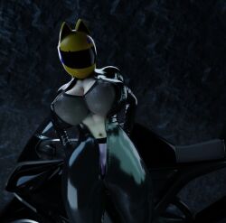 3d cat_ears celty_sturluson dustyboyo huge_breasts latex looking_at_viewer motorcycle open_clothes