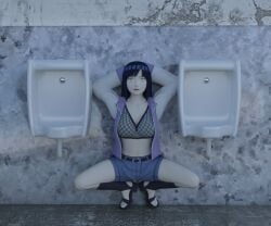 1girls 3d artist_request female feral hyuuga_hinata hyuuga_hinata_(naruto:_road_to_ninja) midriff naruto naruto:_road_to_ninja naruto_shippuden oral_sex posing shorts squatting toilet urinal