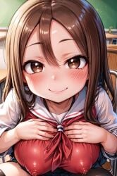 1girls ai_generated alternate_breast_size big_breasts breasts brown_eyes brown_hair eyes female female_focus female_only foopanthia hand_on_breast hands huge_breasts karakai_jouzu_no_takagi-san looking_at_viewer nipples pov school_uniform smile takagi-san teasing teasing_viewer