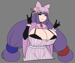 1girls big_breasts black_bra borrowed_design bra cleavage clothed_female colored doodle fox_ears gloves grey_background hat huge_breasts konkon_patchouli_(crr001) koobybooby koobykarasu long_gloves long_hair patchouli_knowledge purple_hair smile solo solo_female touhou