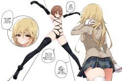 2020s 2022 2girls bar_censor black_socks blonde_hair blush bondage bound breasts brown_eyes brown_hair censored chains elbow_gloves female female_only femdom femsub from_behind gloves harness highres kinbaku kinbakuman lezdom long_hair long_legs looking_at_another miniskirt misaka_mikoto multiple_girls navel rope rope_bondage school_uniform schoolgirl shackles shiba*ri shibari shokuhou_misaki short_hair skirt small_breasts socks speech_bubble spread_eagle suspension teen teenage_girl teenager text thigh_socks thighhighs to_aru_kagaku_no_railgun to_aru_majutsu_no_index tokiwadai_school_uniform translation_request white_background white_socks yellow_eyes young