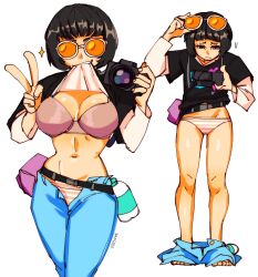 1girls 3amsoda bag beach belt big_breasts black_hair bottle bra breasts camera female large_breasts ohya_ichiko panties pants_down persona persona_5 shirt_lift striped_panties sunglasses sunglasses_on_head unbuttoned unbuttoned_pants underwear