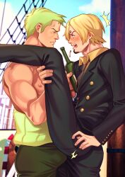 2boys ^^^ abs absurd_res beer blonde_hair blue_eyes blue_sky blush bulge cigarette curly_eyebrows erection gay goatee green_hair hair_over_one_eye hi_res leg_up male_only multieleonora muscular one_piece open_mouth roronoa_zoro shocked short_hair suit_and_tie vinsmoke_sanji yaoi