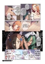 2girls about_to_be_raped animal_ears arrancar barefoot big_breasts bleach bleach:_the_thousand-year_blood_war breasts cat_ears catgirl center_opening clothing comic facepaint fake_animal_ears female female/female female_focus female_only gainoob green_hair gullible hair_ornament hazel_eyes helmet holding_object huge_breasts human imminent_sex imminent_yuri implied_sex innocent inoue_orihime interspecies nelliel_tu_odelschwanck oppai orange_hair petplay right_to_left shocked shocked_expression skull skull_head speech_bubble story text to_be_continued towel towel_only voluptuous voluptuous_female wet wet_body wet_skin yuri