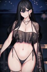 beauty_mark black_hair blush classy-black-haired_girl_(hayabusa) cowboy_shot earrings hayabusa huge_breasts huge_thighs long_hair looking_aside necklace original purple_eyes signature string_bikini thick_thighs thigh_strap veil wide_hips