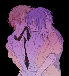 biting_tie closed_eyes fucked_from_behind holding_hair kamishiro_rui narrowed_eyes open_mouth project_sekai purple_hair tagme tenma_tsukasa tie yellow_hair