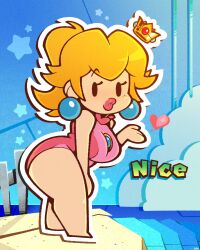 1girls bathing_suit beach big_ass big_butt big_earrings blonde_female blonde_hair blonde_hair_female breasts chibi clothed clothing crown earings female female_only full_body heart kiss_mark kissing legendofnerd looking_at_viewer mario_(series) mario_and_sonic_at_the_olympic_games nintendo outdoors outside paper paper_mario paper_peach pink_clothing ponytail princess princess_peach simple_face solo standing text thick thick_ass thick_hips thick_legs thick_thighs thighs tied_hair