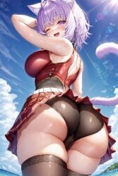 ai_generated alternate_costume ass ass_focus bare_shoulders blush breasts cameltoe cat_ears cat_tail come_hither cosplay female from_behind hair_ribbon hololive houshou_marine houshou_marine_(cosplay) huge_ass large_breasts leotard looking_at_viewer looking_down mogumachine nekomata_okayu open_mouth purple_eyes purple_hair shiny shiny_clothes shiny_hair shiny_skin short_hair sideboob smile solo tail thick_thighs thighhighs virtual_youtuber