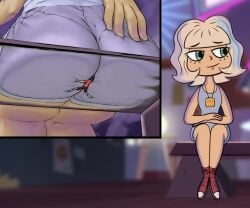 1boy 1girls ass blonde_hair blurry_background butt_crush buttcrush disney disney_channel disney_xd female freckles giant_girl giantess green_eyes jackie_lynn_thomas macro male marco_diaz micro necklace pogojo sitting star_vs_the_forces_of_evil sweat tiny_male tiny_man tiny_person unaware unaware_buttcrush unaware_facesitting