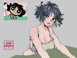 1girl 1girls aged_up alternate_breast_size artist_name big_breasts black_hair blush bra breasts bursting_breasts bust busty buttercup_(powerpuff_girls) buttercup_(ppg) buttercup_redraw_challenge_(meme) buxom cartoon_network cleavage curvaceous curvy curvy_figure dyed_hair female female_only frills green_bra green_eyes green_hair green_highlights grey_background highres huge_breasts just_woke_up kamii_momoru large_breasts looking_at_viewer meme midriff midriff_baring_shirt midriff_peek multicolored_hair powerpuff_girls reference_inset reference_photo screencap_inset shadow short_hair simple_background sleepy smile solo tagme tank_top toonami two-tone_hair underwear upper_body voluptuous voluptuous_female