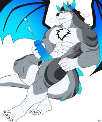 2023 2_horns 4_toes abs absurd_res anthro ashe_(calen_sol) balls biceps black_hair blackclown00 blue_eyes blue_horn blue_penis blue_spines blue_wings bodily_fluids body_hair breath_cloud canid canine canis chest_tuft claws cum cumshot deltoids dragon ejaculation feet finger_claws flexor_carpi fur genital_fluids genitals grey_body grey_fur hair hairy_balls hi_res horn hybrid male mammal masturbation multicolored_body multicolored_fur muscular muscular_anthro muscular_male muscular_thighs navel nude pecs penis signature simple_background solo sweat tail_spines toe_claws toes tuft two_tone_body two_tone_fur white_background white_body white_fur wings wolf