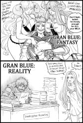 1boy 4girls absurd_res anila_(granblue_fantasy) bb_(baalbuddy) big_breasts breasts_on_face cheek_poke dialogue draph draph_race_(granblue_fantasy) english_text expectation_vs_reality female funny gran_(granblue_fantasy) granblue_fantasy horns kumbhira_(granblue_fantasy) lyria_(granblue_fantasy) male monochrome narmaya_(granblue_fantasy) pointy_ears smile smirk smug speech_bubble tagme white_background