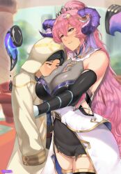 1boy 1girls bangs breast_smother cleavage cloak clothed clothed_female crown dark_hair embrace fire_emblem fire_emblem_heroes hair_ornament hand_on_breast hood horns hug kiran_(fire_emblem) kiran_(fire_emblem)_(male) large_breasts long_hair long_ponytail nerthuz_(fire_emblem) nintendo pink_eyes pink_hair ponytail smile tempurachronos